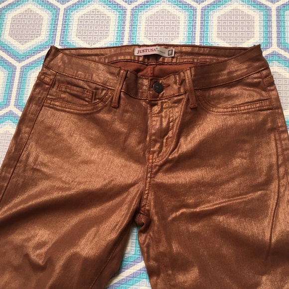 Copper rose gold foil lame metallic skinny jeans - Picture 8 of 9